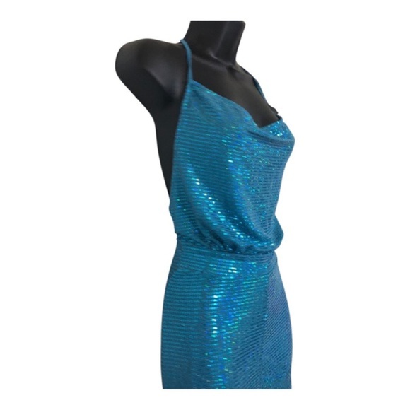 Sincerely Jules Sexy blue sequined cowlneck open back halter jumpsuit size small - Picture 1 of 15